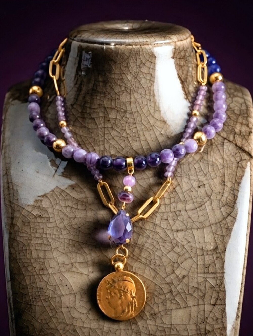 Natural Purple Jade & Amethyst Two Strand Bead In Paperclip Chain Necklace